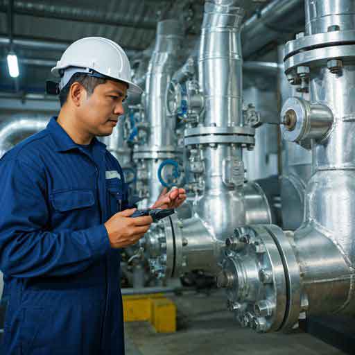 Engineer inspecting industrial LPG valves and piping