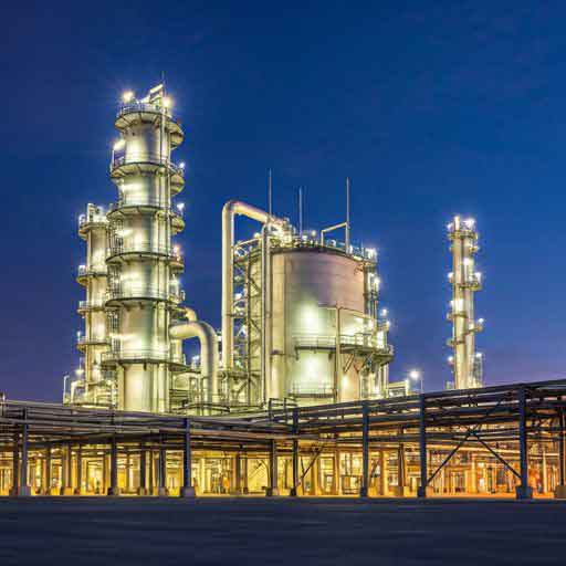 Industrial LPG storage facility at dusk